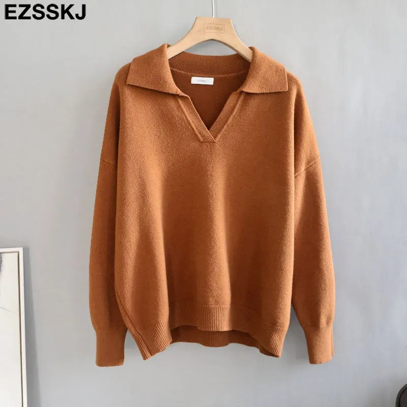 Autumn Winter casual chic v-neck oversize thick Sweater pullovers Women 2021 loose elegant Sweater Pullover female Long Sleeve