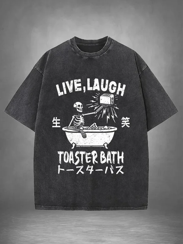 Men's Live Laugh Toaster Bath Skeleton Print Casual Washed T-Shirt