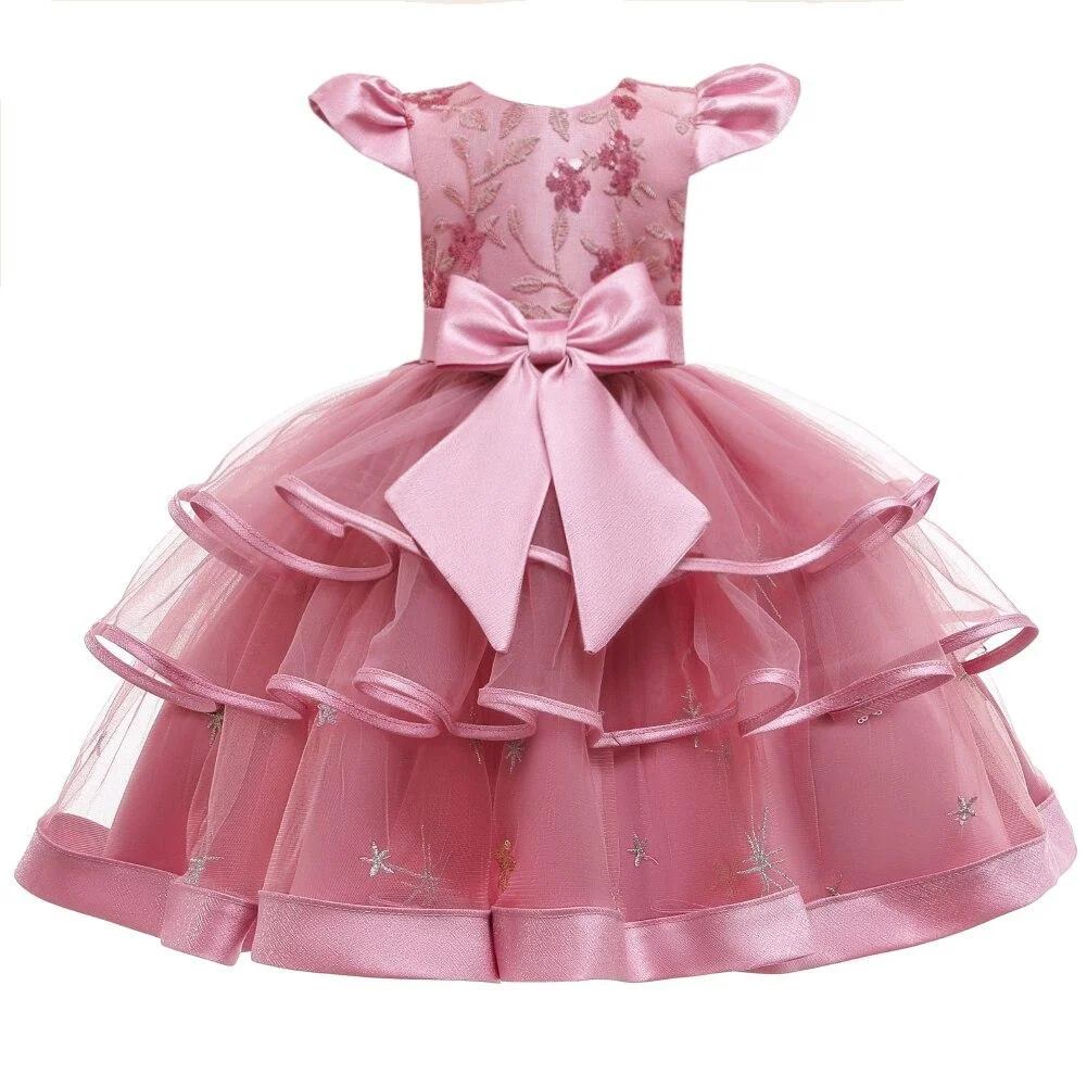 Children's Bow Sequined Prom Wedding Bridesmaid Dress Girl Flying Sleeves Multi-Layer Mesh Princess Dress