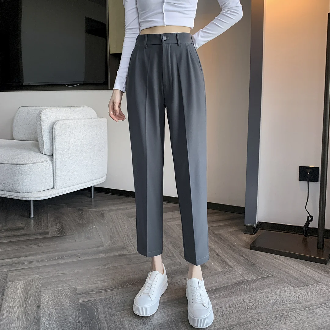 Woherb Grey Suit Pants Female Autumn New Ice Silk Pants Hanging Feeling Show Thin Harun Nine Points Casual Straight Tube Smoke Pipe Pants-Outfit Ideas