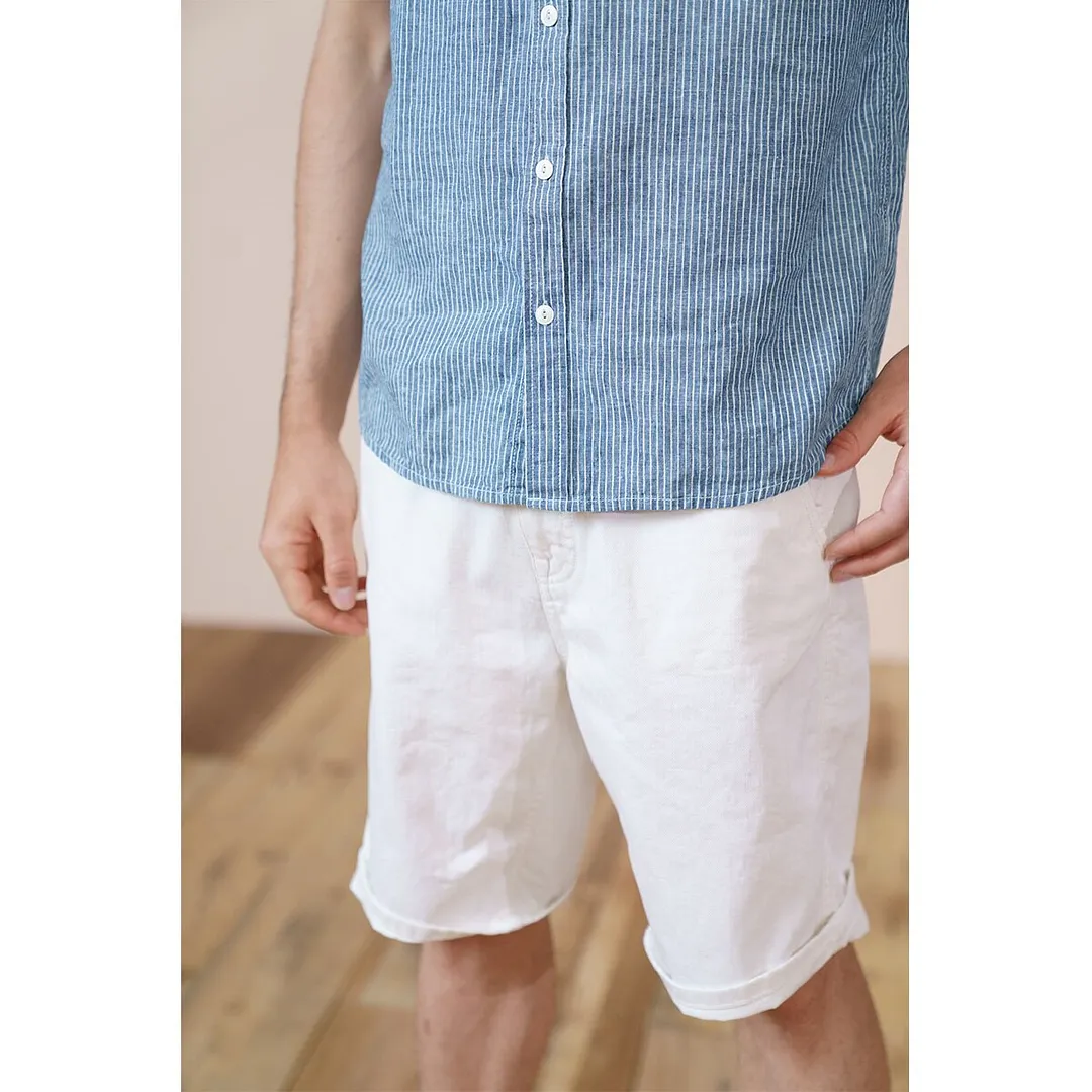 SIMWOOD 2021 Summer New Cotton Linen Shorts Sleeve Shirts Men Breathable Comfortable Collarless Vertical Striped Shirts SK130397