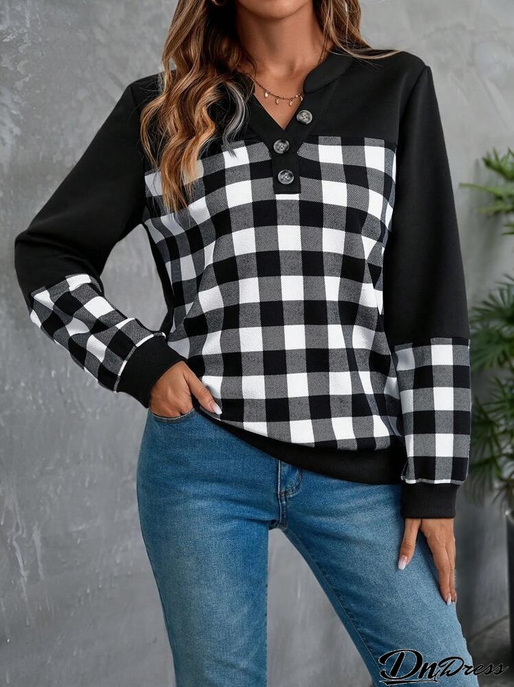 Women's Black Patchwork Plaid Patterned Long-Sleeve Sweatshirt For Autumn