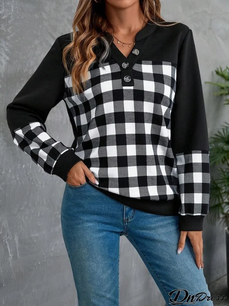 Women's Black Patchwork Plaid Patterned Long-Sleeve Sweatshirt For Autumn