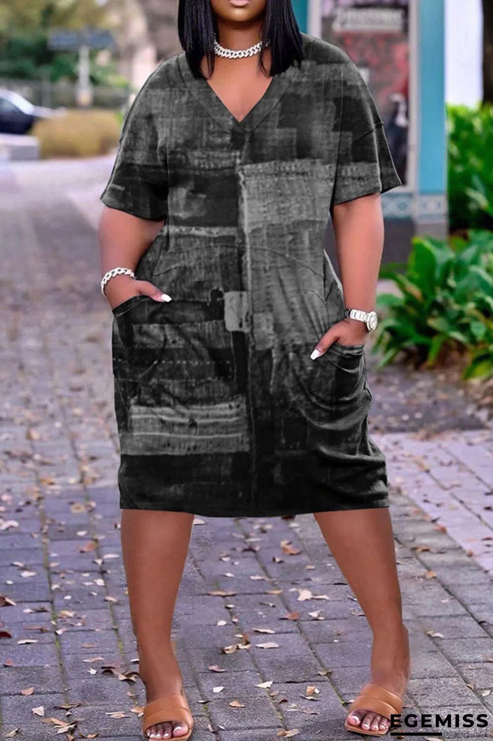 Black Gray Fashion Casual Plus Size Print Patchwork V Neck Short Sleeve Dress | EGEMISS