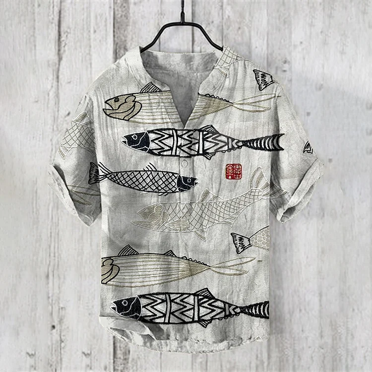 Comstylish Vintage Fish Japanese Embroidery Art Cozy Vintage Cotton Linen Shirt