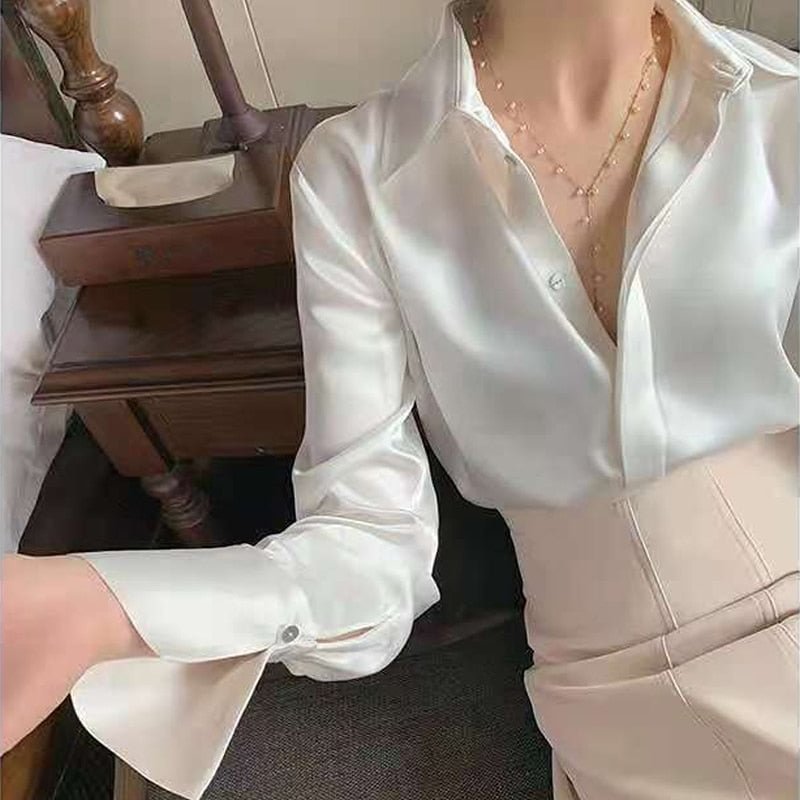 Fashion New Satin Blouse Women Long Sleeve Women Shirt Tops Casual Office Button Shirt Turn Down Collar White Shirts Blusa 17823