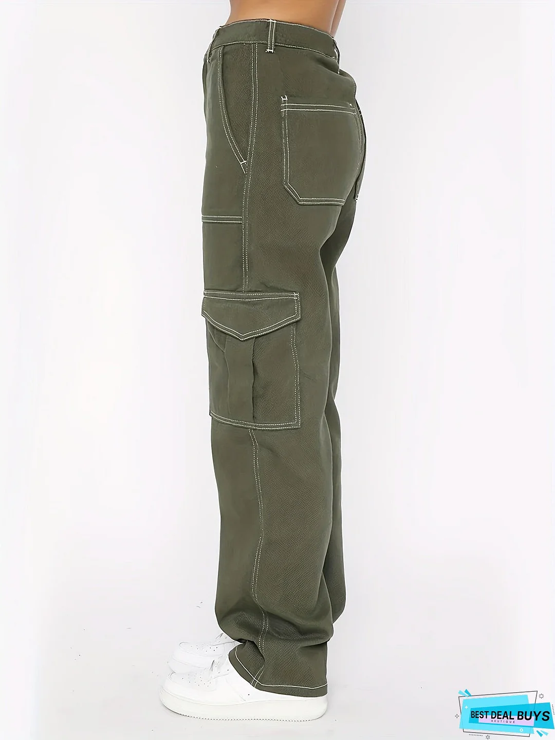 Army Green Cargo Pants, Flap Pockets High Waist Loose Fit Non-Stretch Casual Denim Pants, Y2K Kpop Vintage Style, Women's Denim Jeans & Clothing