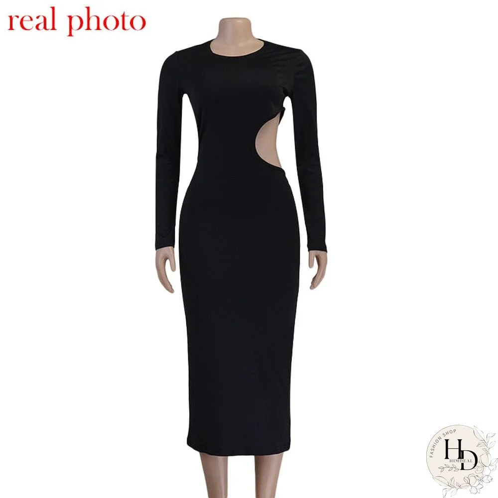 Sexy Black Cut Out Round Neck Long Dress Women Elegant Long Sleeve Club Party Spring Dresses Skinny Clothes