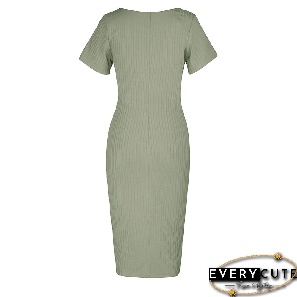Light Green Rib Button Split Bodycon Dress