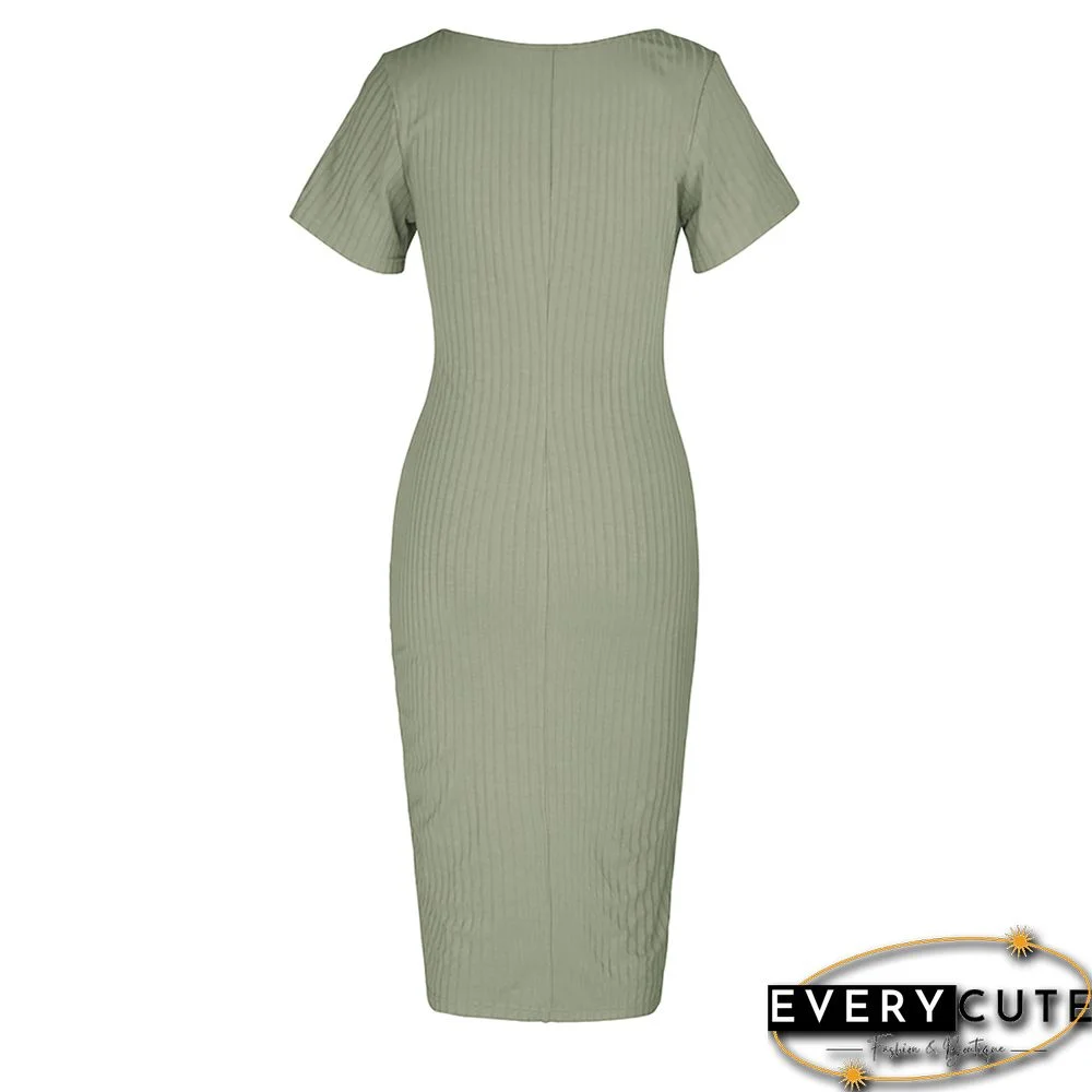 Light Green Rib Button Split Bodycon Dress