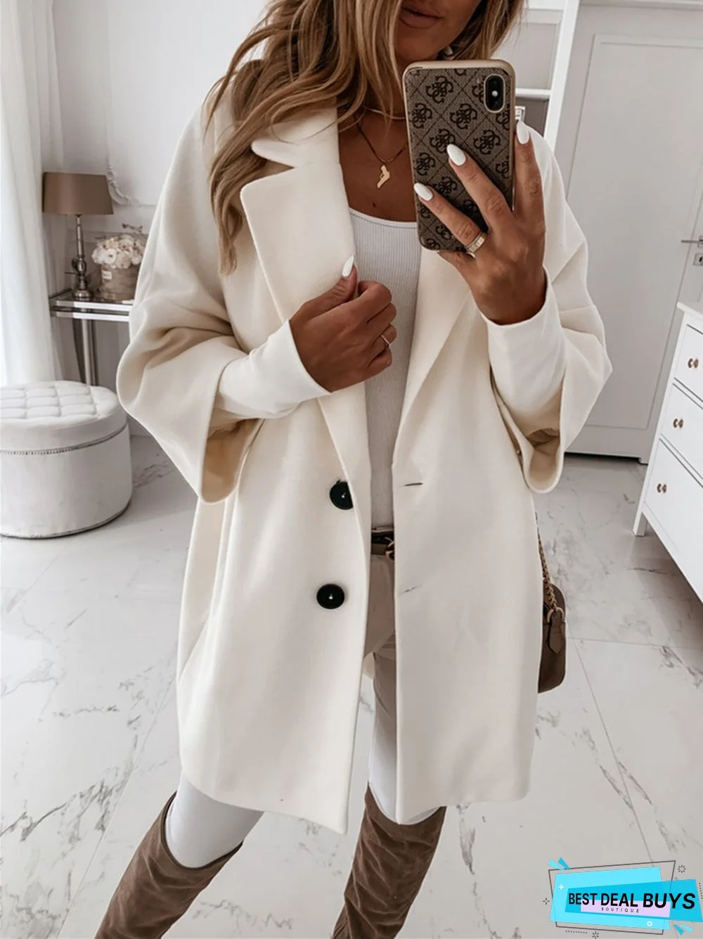 Seven-Sleeve Single-Breasted Lapel Pocket Solid Color Coat