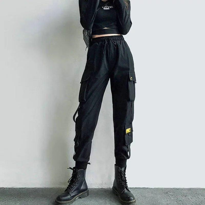 Women's Cargo Pants Black Ribbon Pocket Jogger Elastic Waist High Streetwear Harajuku Pant Punk Females Trousers Harem Pants