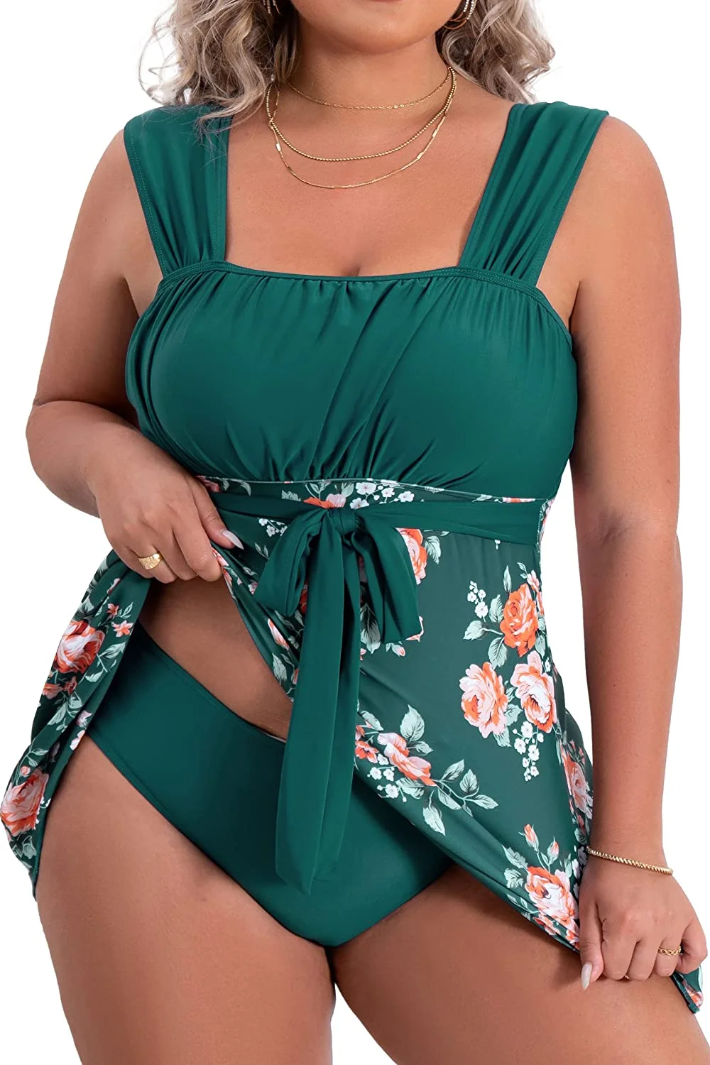 Ruched Floral Plus Size Two Piece Tankini Swimsuits Swimdress