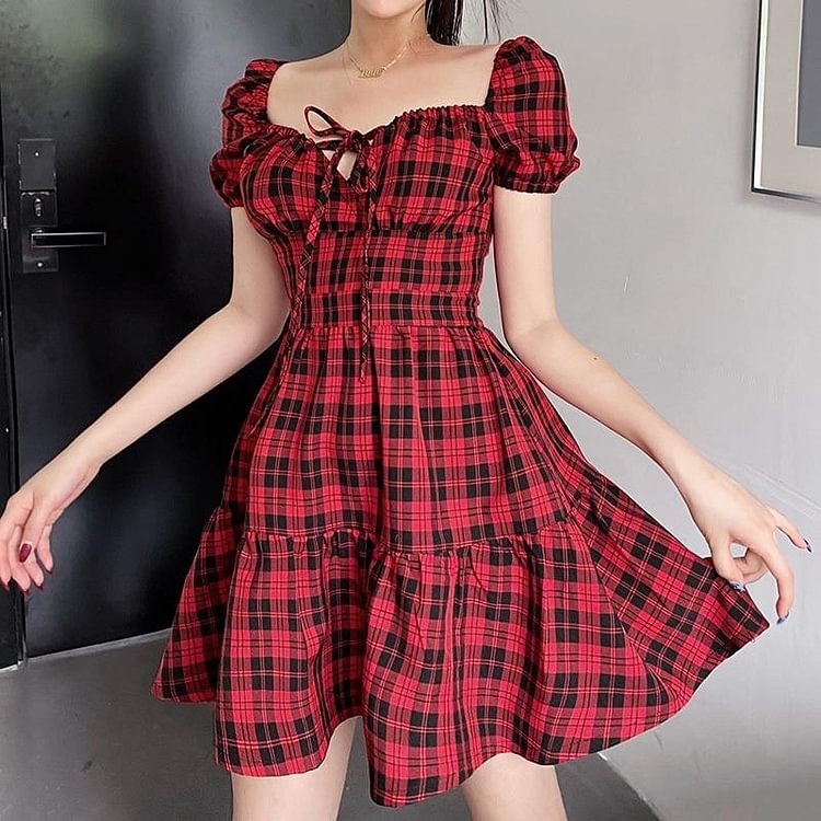 GOTH SHORT SLEEVE PLAID MINI DRESS
