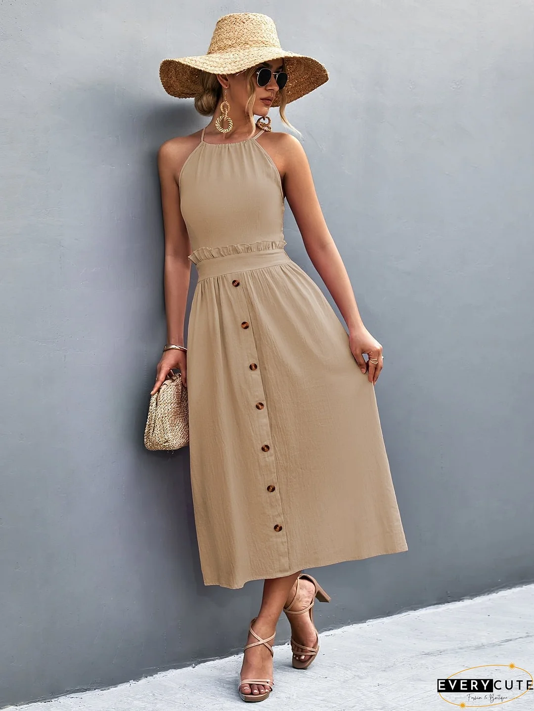 Buttoned Halter Neck Frill Trim Midi Dress