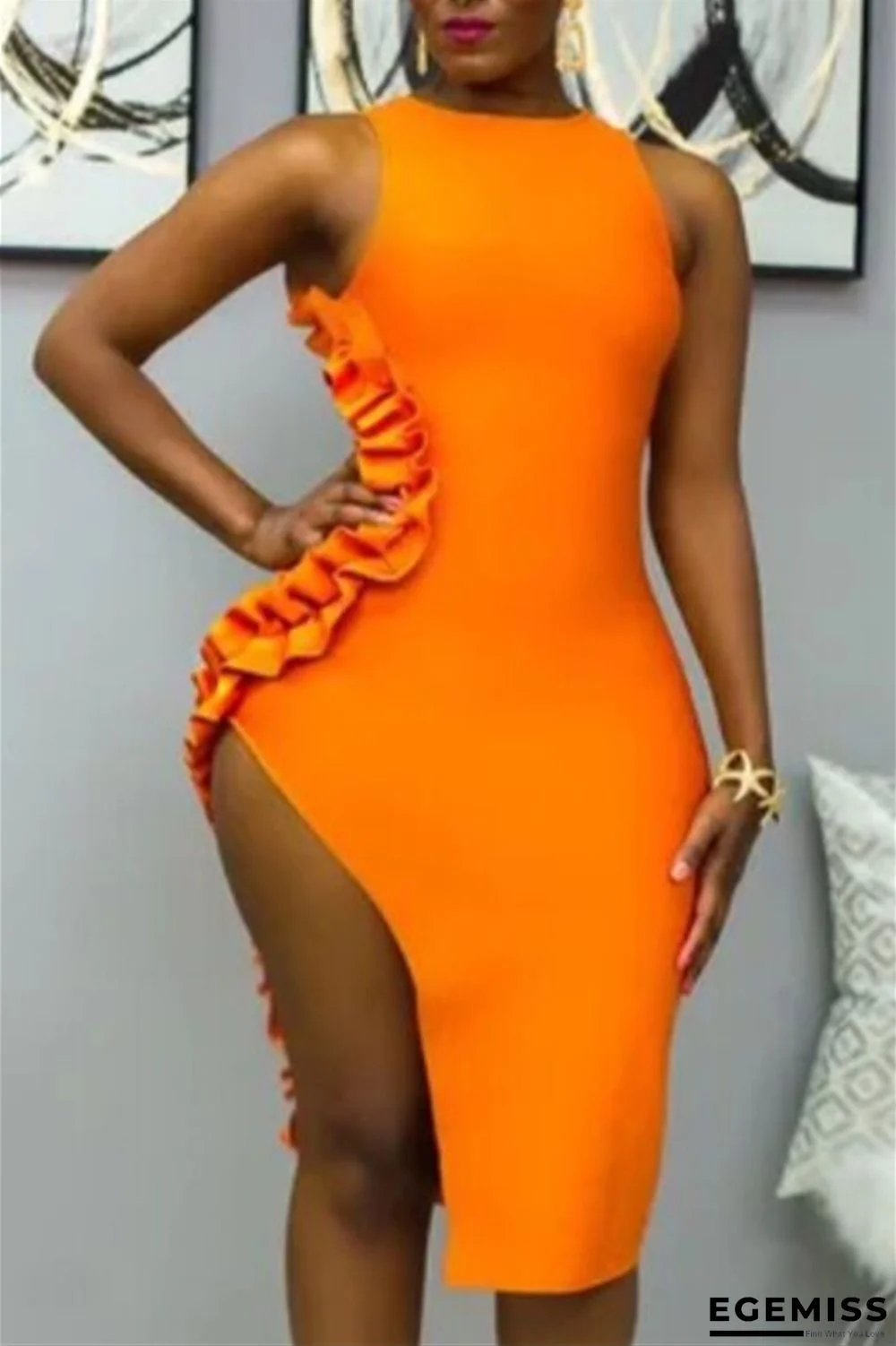 Orange Sexy Tank Sleeveless O neck Asymmetrical skirt Patchwork Solid asymmetrical stringy selved | EGEMISS