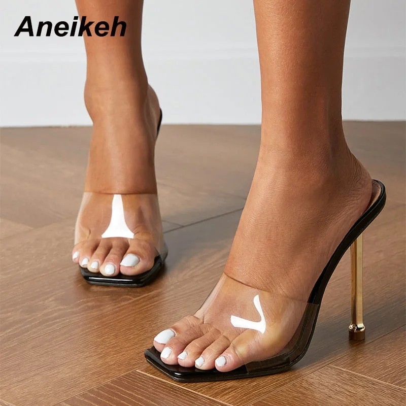 Aneikeh Summer Women Shoes Sandals Slides PVC Shallow Fashion Concise High Heels Outside Square Toe Zapatos De Mujer Solid 2022
