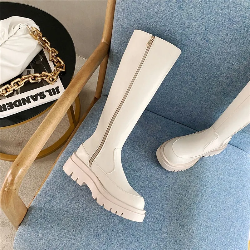 Meotina Women Knee High Riding Boots Platform Flat Shoes Fashion Round Toe Zipper Ladies Long Boots Autumn Winter 33-43 Beige