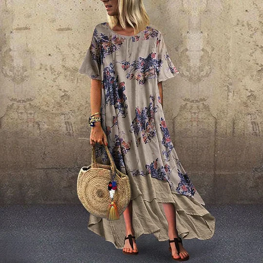 chinese dress ladies Cotton Linen Sun Dresses for Older Women Casual Loose Comfy V Neck Short  Sleeve Linen Maxi Dress Summer Lightweight Gauze Flowy Maxi Dresses Tea  Length Tshirt Dress Beach Vacation Outfits 2025 at main image 1