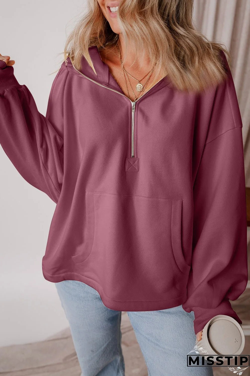 Pocketed Half Zip Dropped Shoulder Hoodie