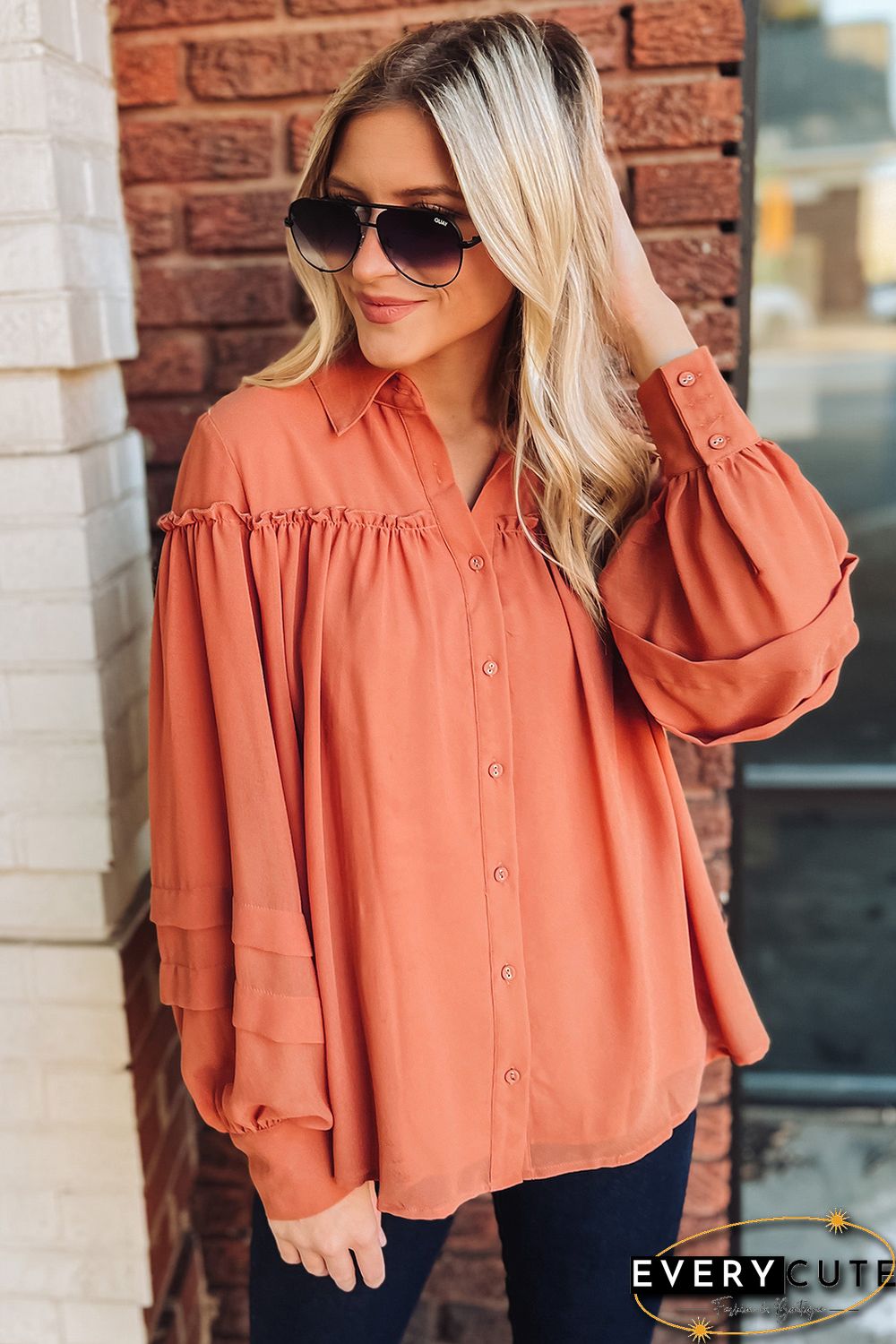 Orange Frill Trim Creasy Puff Sleeve Shirt