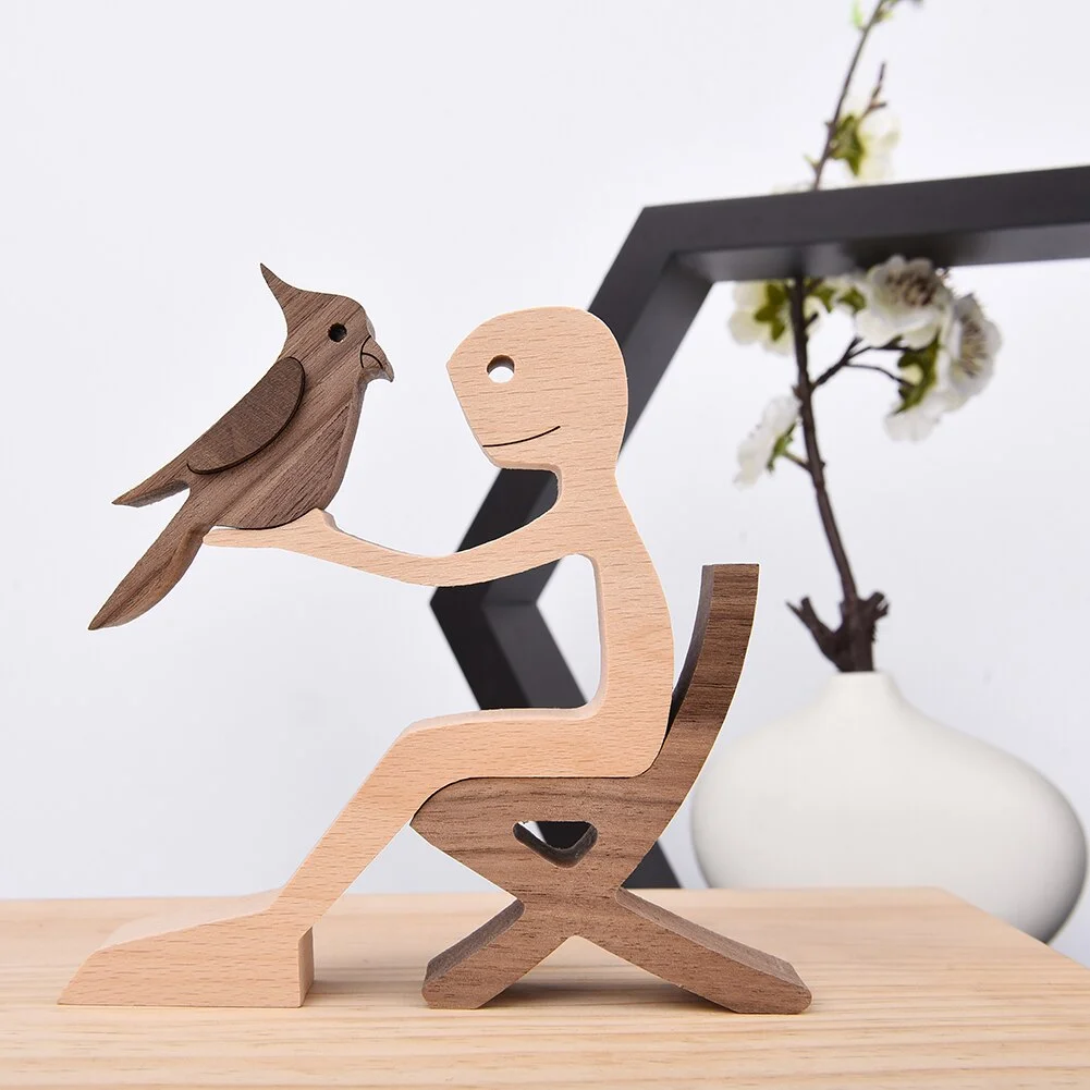 Wood Puppy Family Table Figurin Decor Ornaments Wooden Dog Craft Statue Home Decoration Cute Human and Pets Sculpture Craft Gift