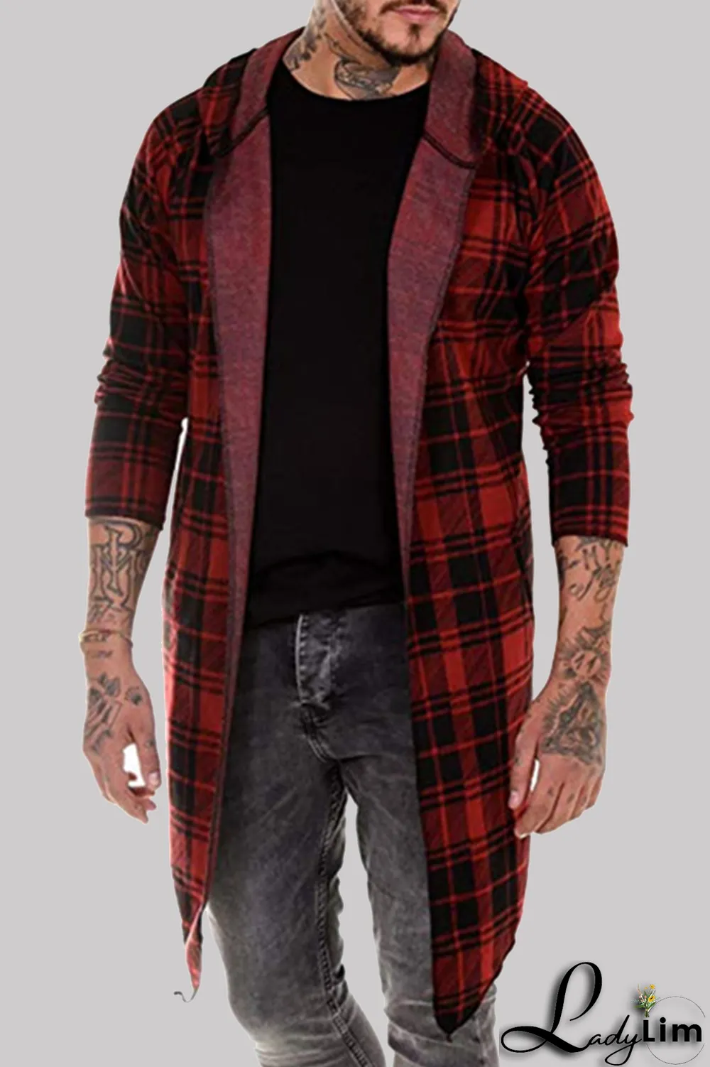 Dark Gray Fashion Casual Plaid Split Joint Hooded Collar Outerwear