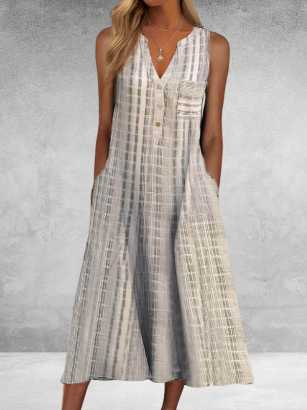 Stripes Stand Collar Temperament Retro Casual Dress