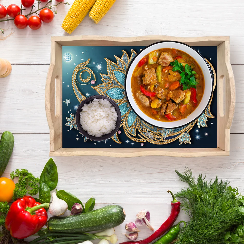 Wooden Decorative Flowers 5D DIY Diamond Painting Tray Art Craft with Handle