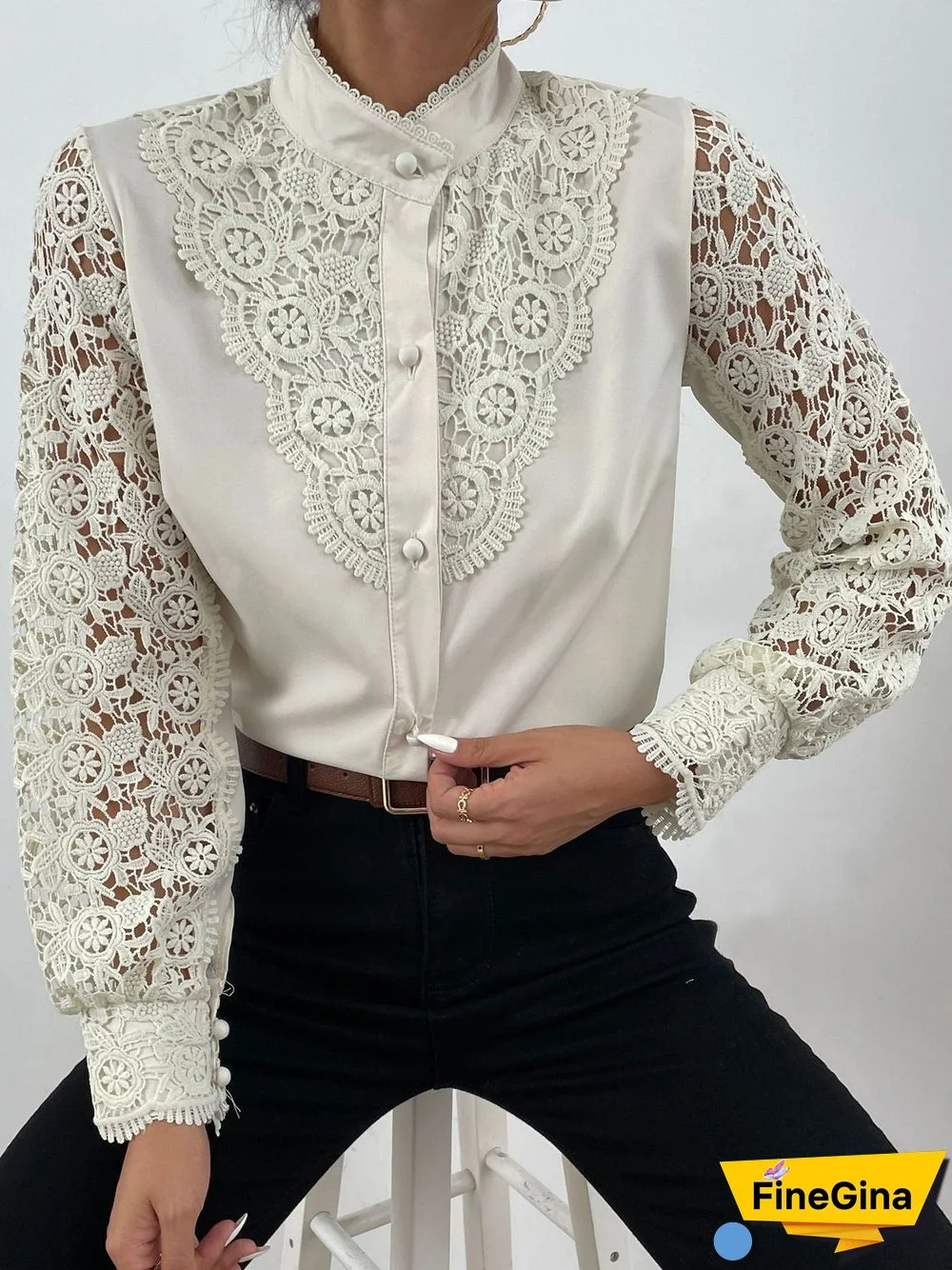 Women'S Blouses Stand Collar Lace Cutout Long Sleeve Blouse