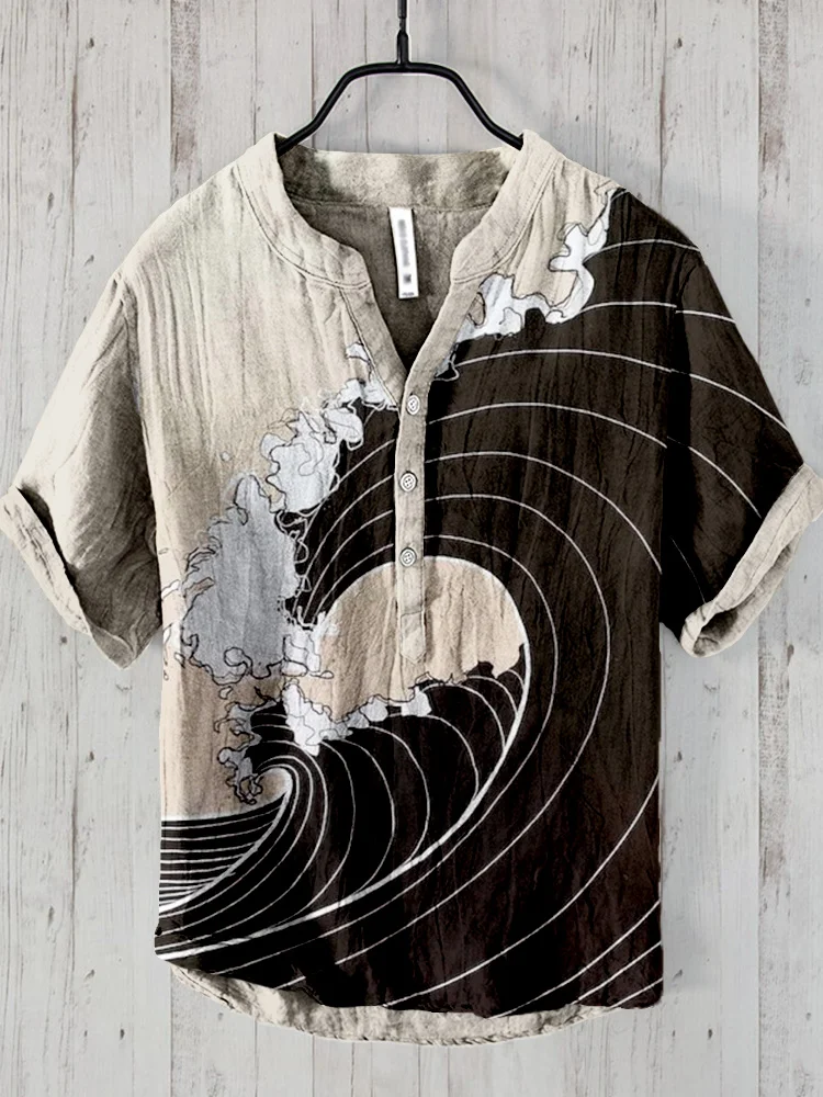 Vintage Ocean Waves Art Linen Blend Shirt