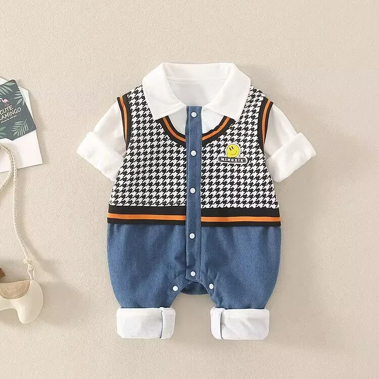 Newborn Baby Boy Mock Two-pieces Polo Collar Long Sleeve Romper