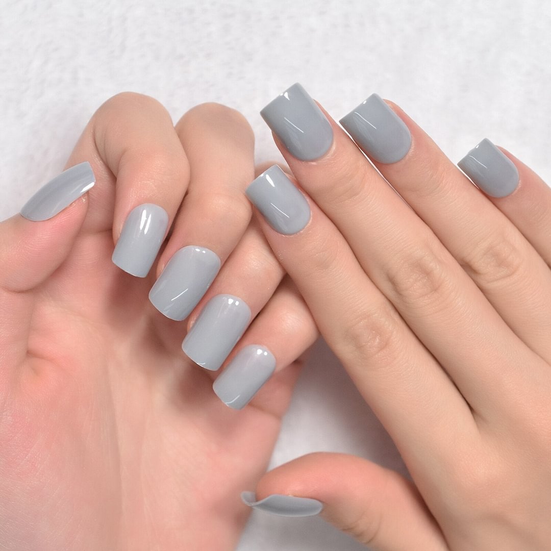 Pure Color Short Square Fingernails Press On Nails With Tabs Gray Color Full Cover Manicure Wholesale Free Shipping