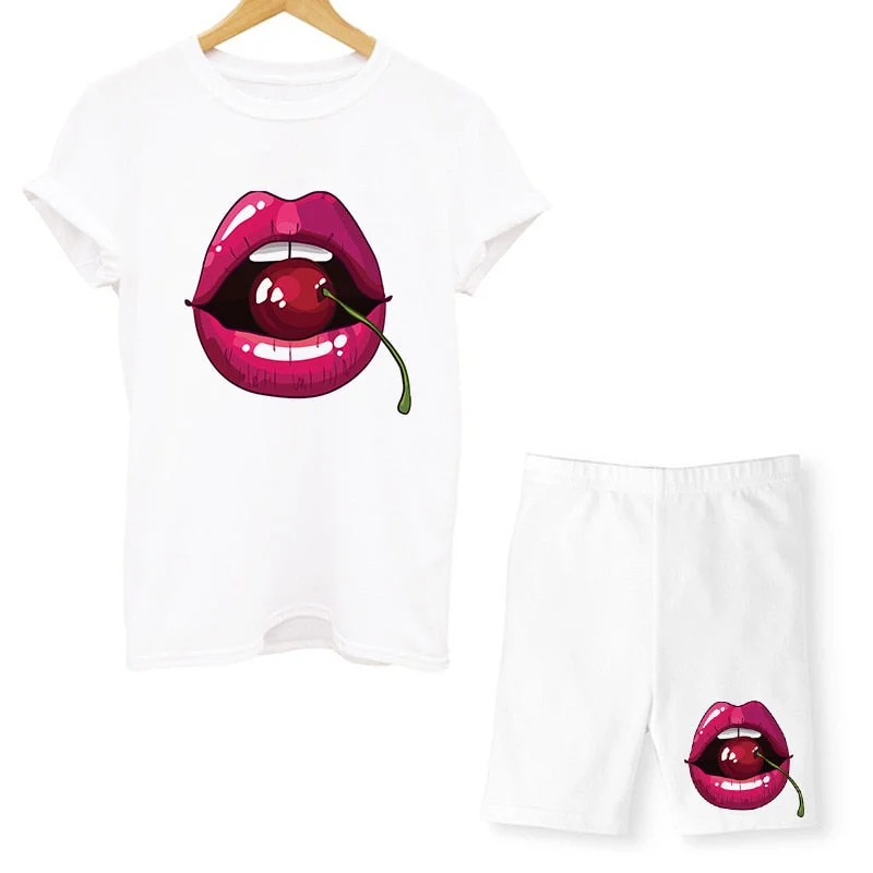 Women Two Piece Set Lips T Shirts And Shorts Pyama Sets Summer Casual Joggers Tracksuit Shorts Sexy Outfit For Woman Clothing