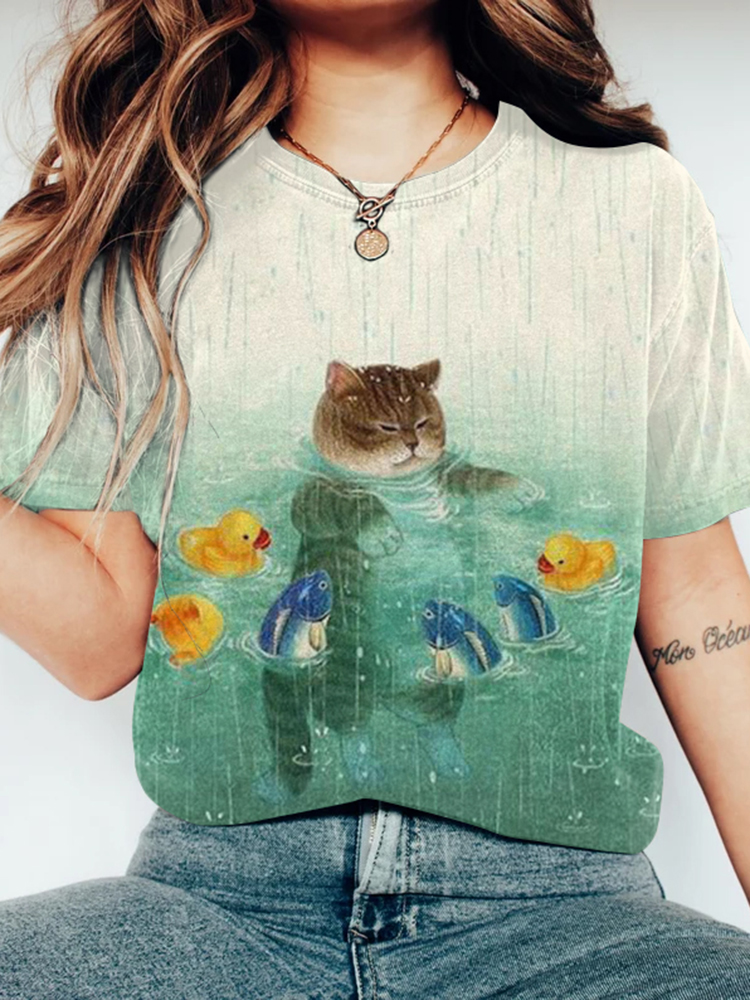 Comstylish Cute Cat Print Round Neck Casual T-Shirt