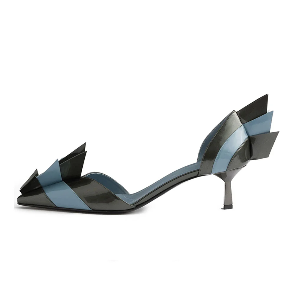 Black & Blue Pointed Toe Flared Heel Wing D'Orsay Pumps for Women