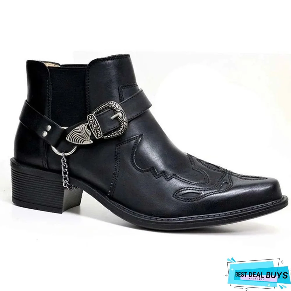 New Short Boots Fashion Personalized Belt Buckle Thick Heel Pointed Martin Boots Men's Boots