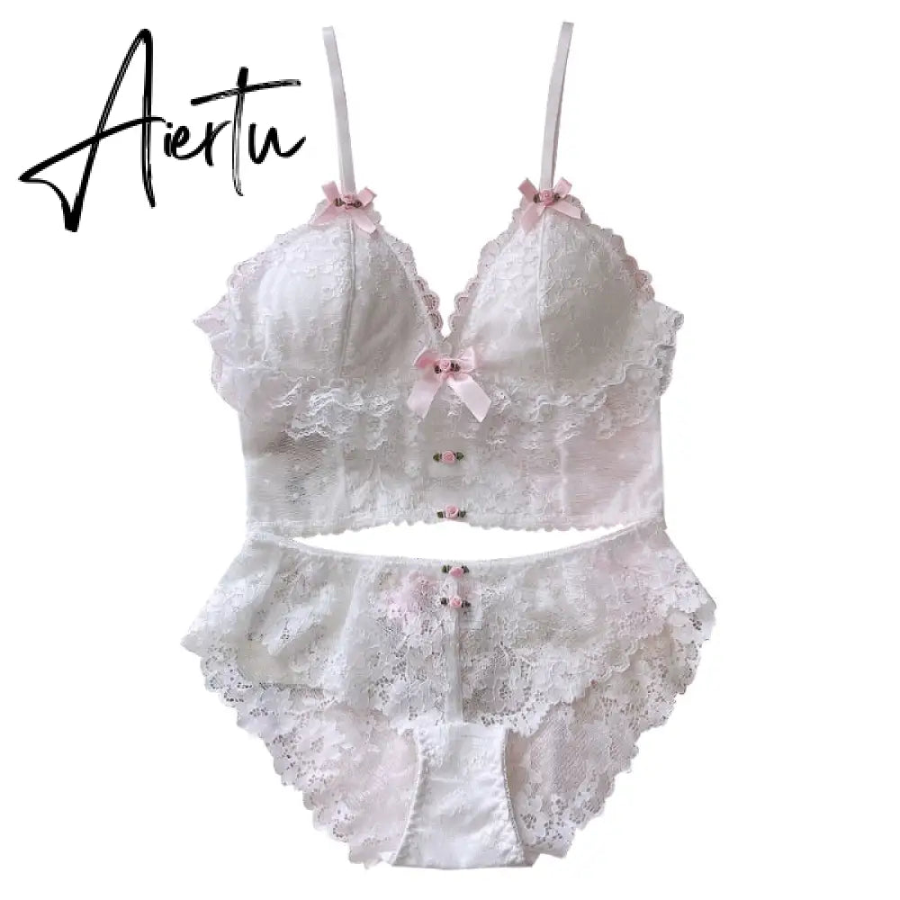 Aiertu Sexy pure desire underwear sets outerwear thin white lace lingerie and panties suit cute no steel ring girl bra set Aiertu