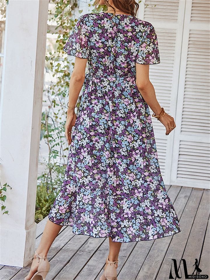 MidiSono - Sexy V-Neck Floral Printed Irregular Hem Dresses