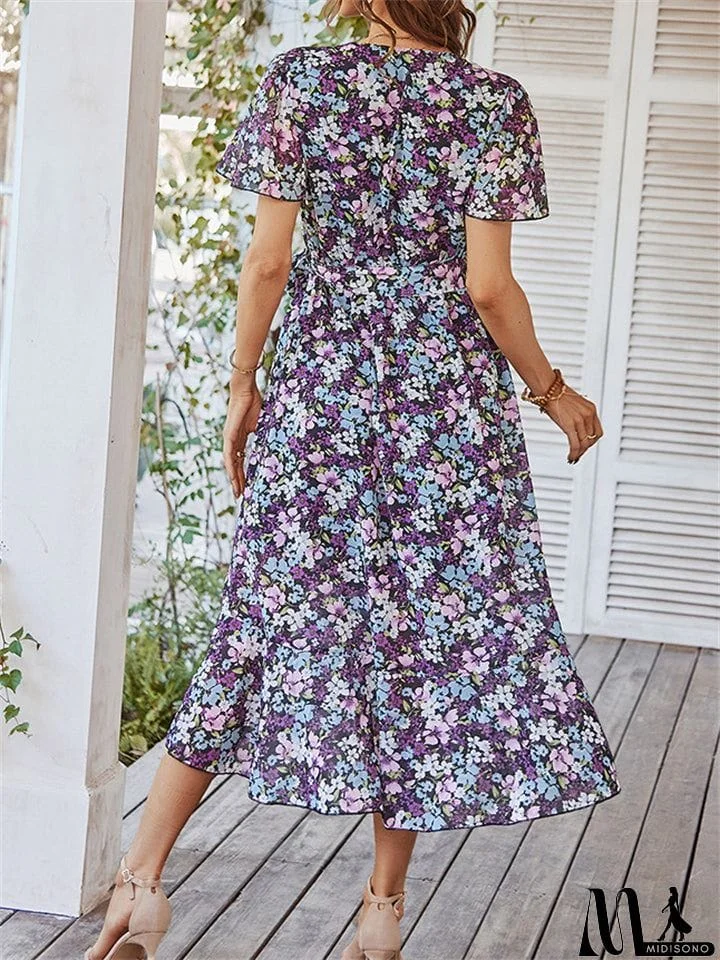 MidiSono - Sexy V-Neck Floral Printed Irregular Hem Dresses