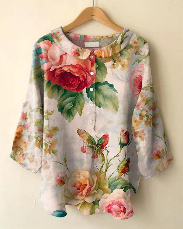 Vintage Floral Print Peter Pan Collar Long Sleeve Shirt