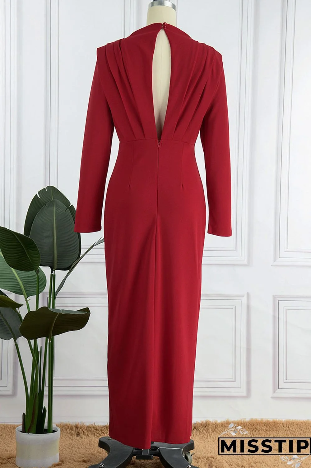 Black Elegant Solid Patchwork Backless Slit Fold O Neck Straight Dresses