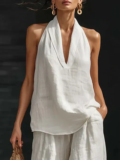 Cotton Casual Plain Halter Neck Blouse mysite idetrend