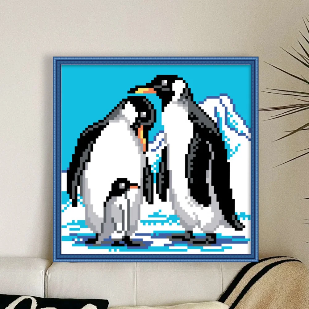 9CT Full Stamped Cross Stitch Bead Embroidery - Penguins(Canvas|20*20CM)