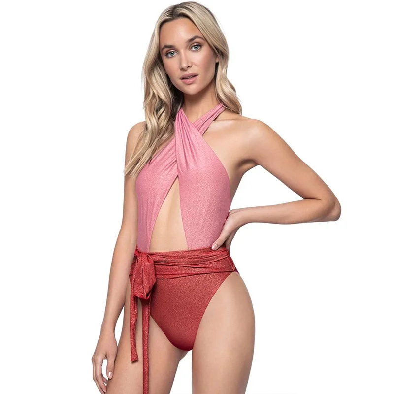 Halter One-Piece Suits Swimsuits 2022 Swimming Suit Women Backless Swimwear Woman Beach Wear Patchwork Monokin Bodysuit