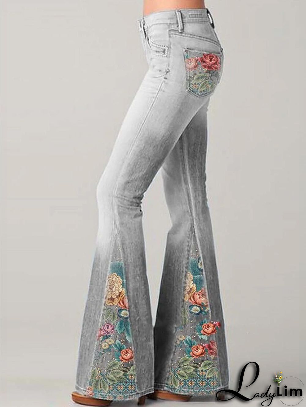 Denim Casual Floral Pattern Pocket Flare Leg Pants