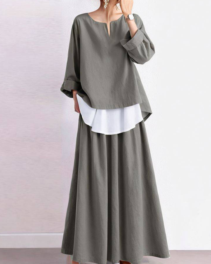 Round Neck Long Sleeve Loose Top & Pleated Maxi Skirt Solid Color Set
