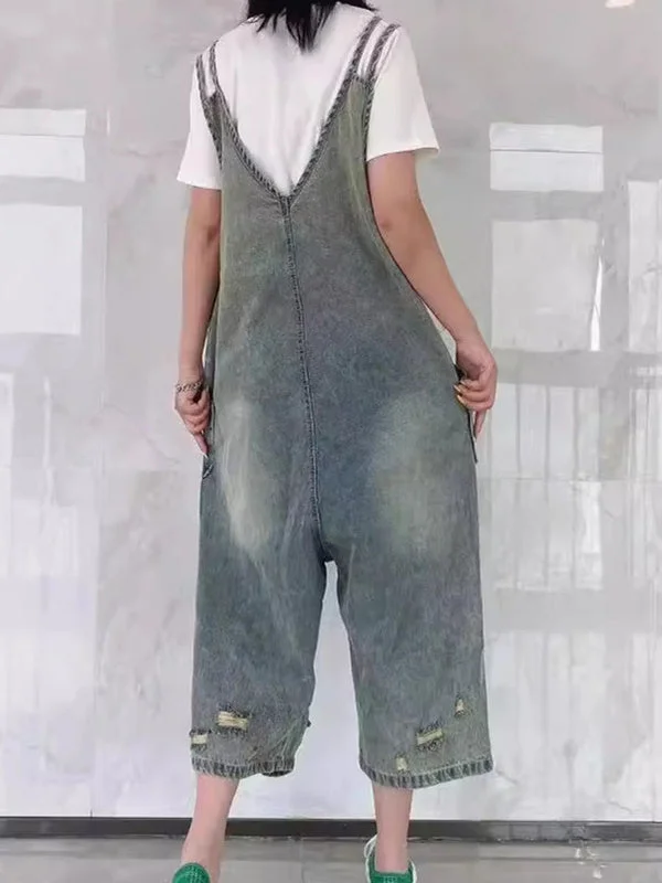 Women's Loose Hole Casual Retro Cropped Workwear Denim Overalls Jumpsuit