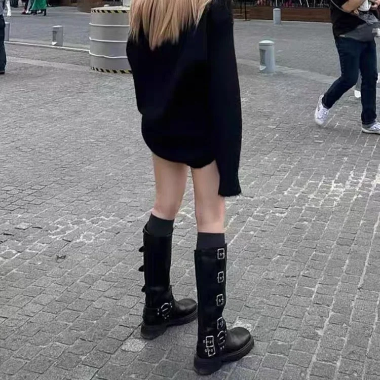 Breakj Breakj West Cowboy Boots But Knee Boots Metal Belt Buckle Thick And Thick Bottom High-Sleeve Rider Boots Single Boots