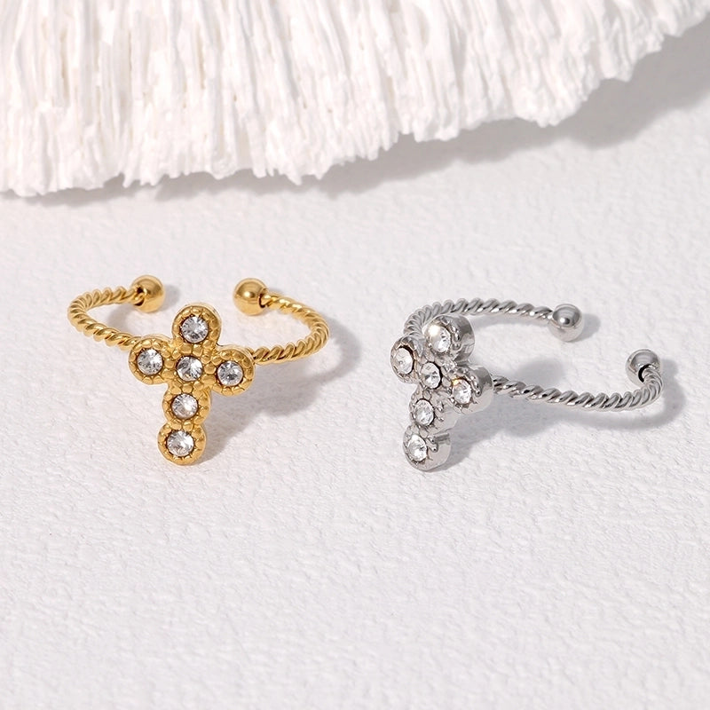 Minimalist Classic Style IG Style Cross 304 Stainless Steel Artificial Diamond 18K Gold Plated Inlay Stainless Steel Rings